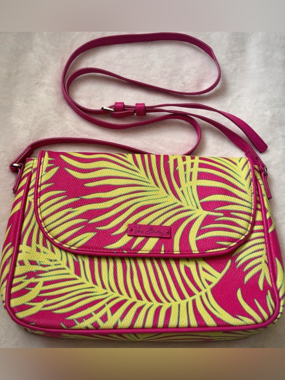Vera Bradley Palm Fronds Faux Leather Crossbody Bag Hot Pink Lime Green Tropical